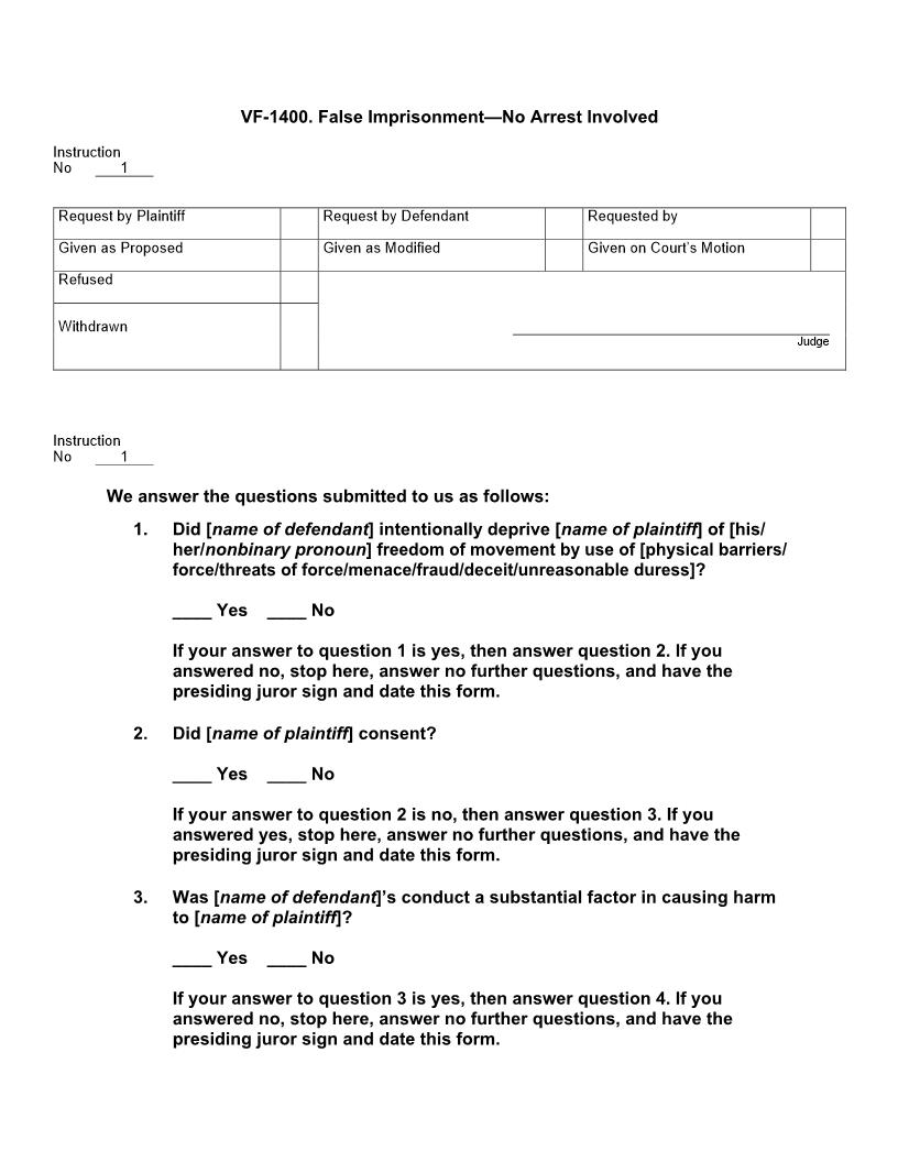 VF 1400. False Imprisonment No Arrest Involved | Pdf Docx | Jury Instructions
