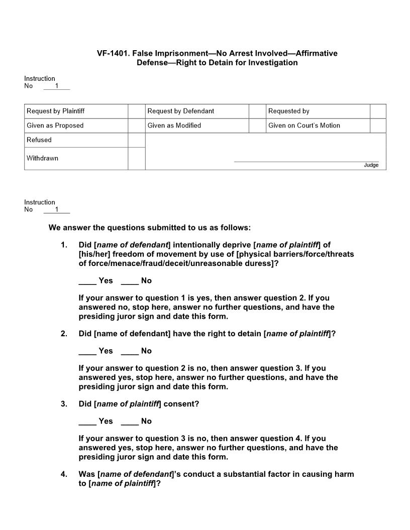 VF 1401. False Imprisonment No Arrest Involved Affirmative Defense Right To Detain | Pdf Docx | Jury Instructions