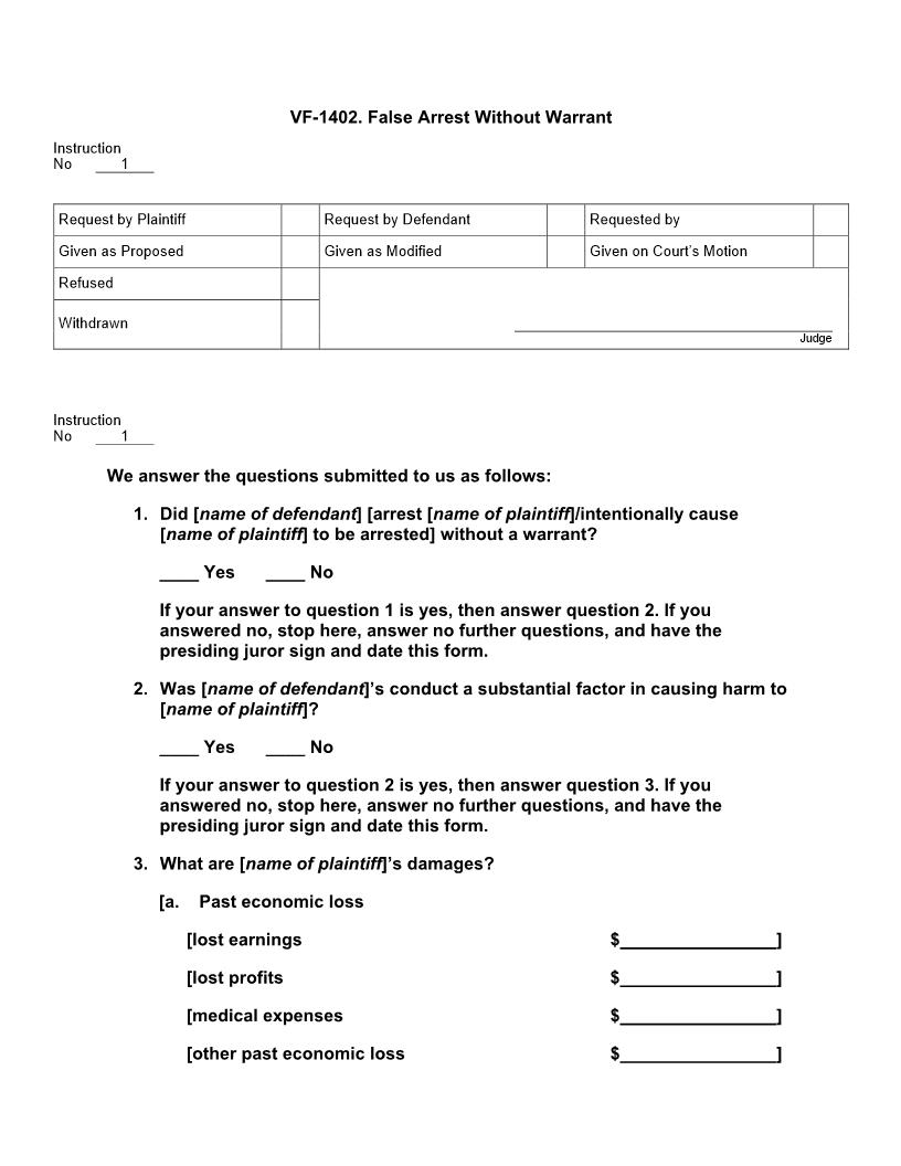 VF 1402. False Arrest Without Warrant | Pdf Docx | Jury Instructions