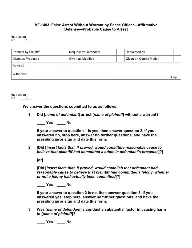 VF 1403. False Arrest Without Warrant By Peace Officer | Pdf Docx | Jury Instructions
