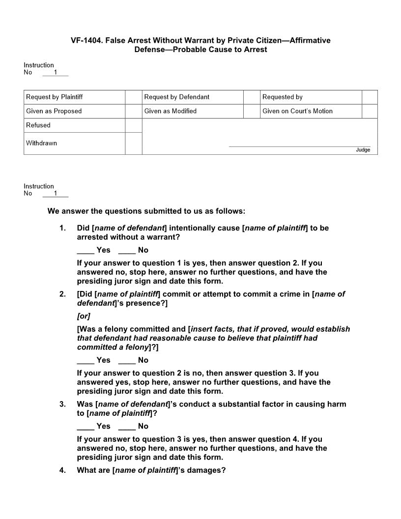 VF 1404. False Arrest Without Warrant Private Citizen Affirmative Defense Probable Cause | Pdf Docx | Jury Instructions