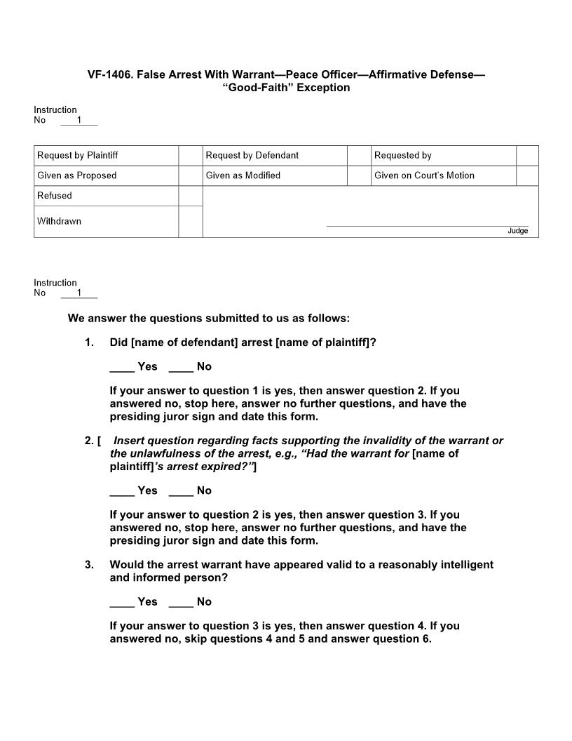 VF 1406. False Arrest With Warrant Peace Officer Affirmative Defense Good-Faith Exception | Pdf Docx | Jury Instructions