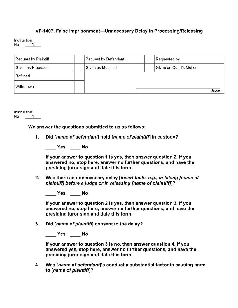 VF 1407. False Imprisonment Unnecessary Delay In Processing-Releasing | Pdf Docx | Jury Instructions