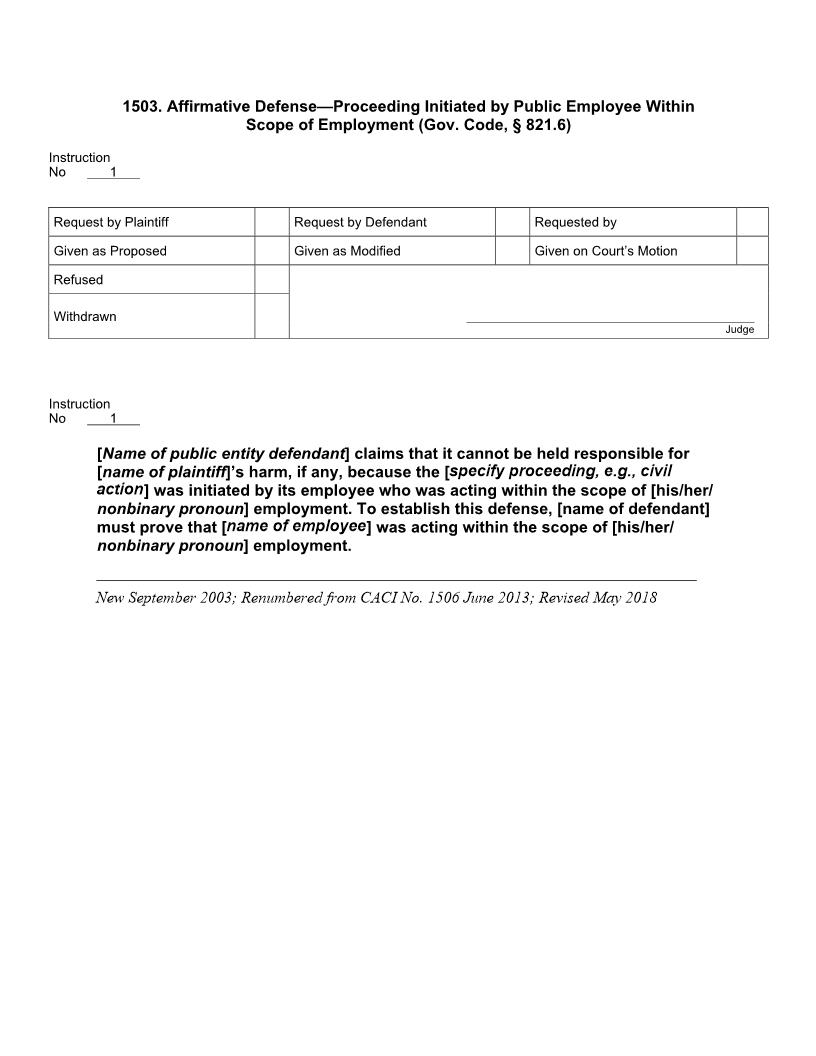 1503. Affirmative Defense Proceeding Initiated By Public Employee Within Scope Of Employment (Gov. Code, § 821.6) | Pdf Docx | Jury Instructions