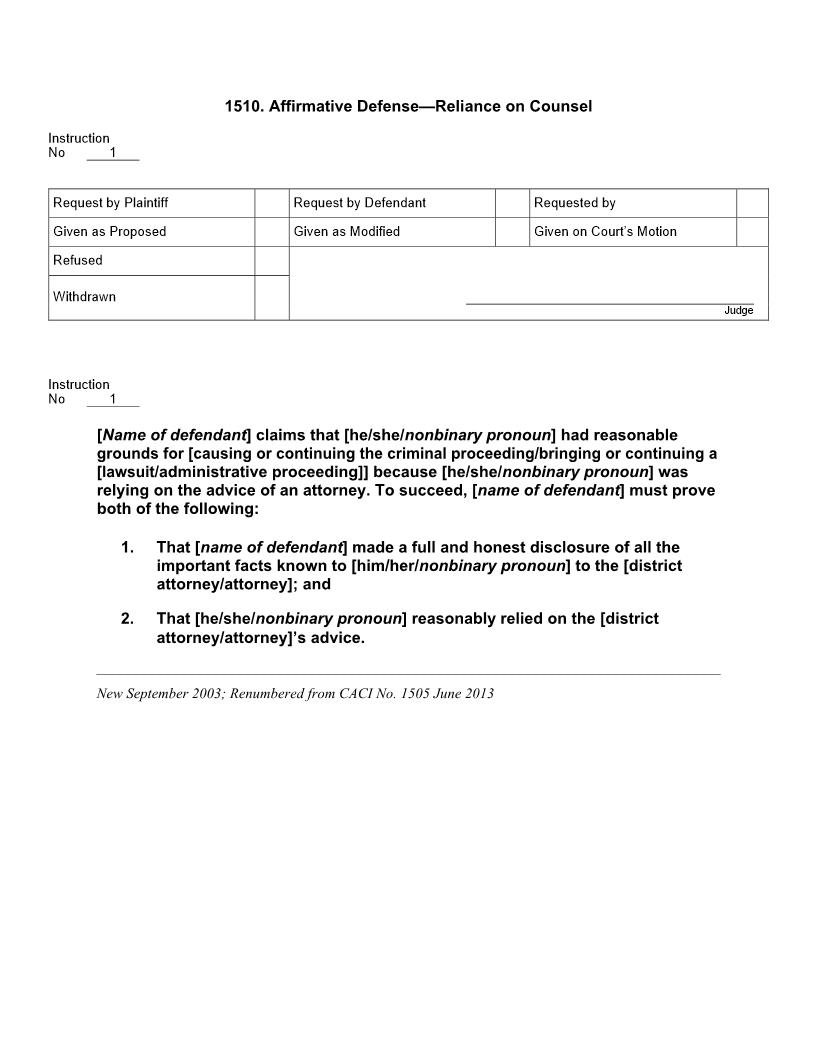 1510. Affirmative Defense Reliance on Counsel | Pdf Docx | Jury Instructions