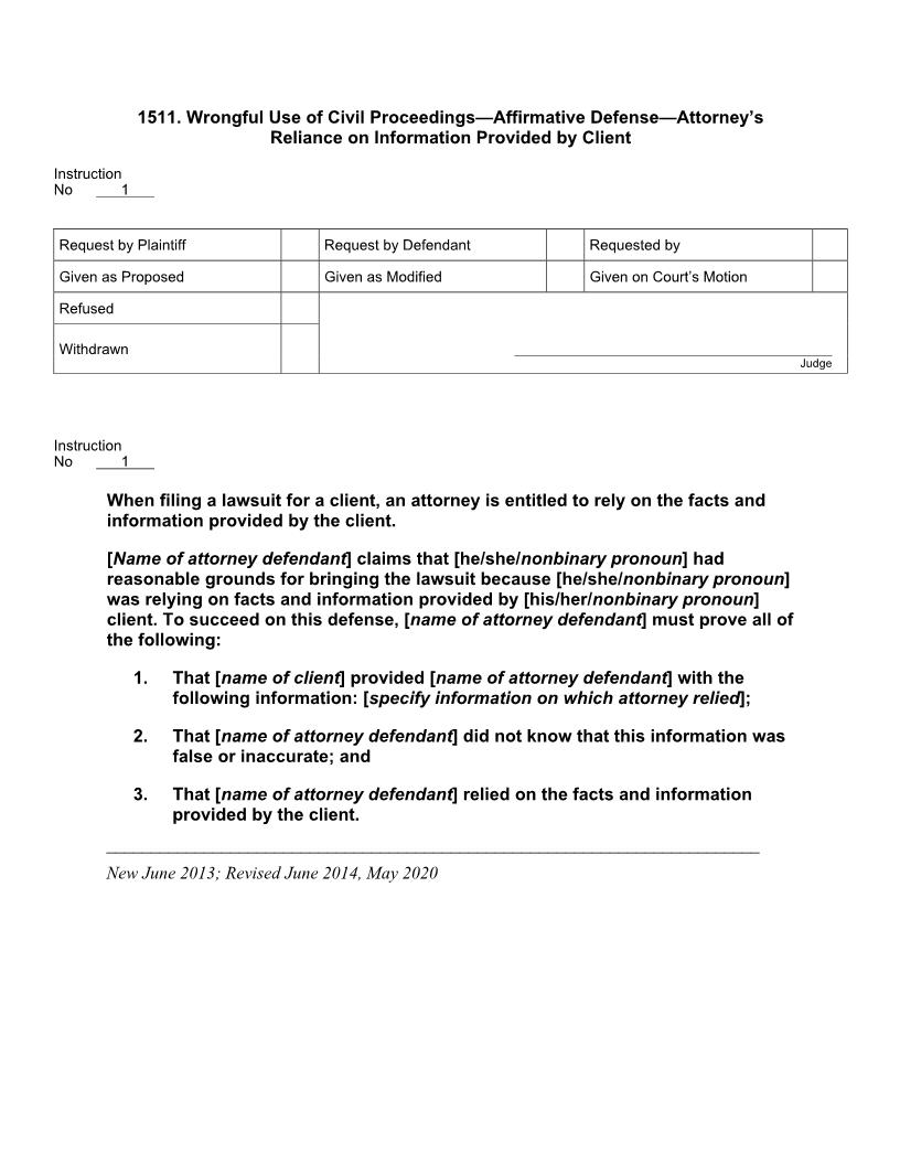 1511. Wrongful Use of Civil Proceedings Aff Defense Attys Reliance on Info Provided by Client | Pdf Docx | Jury Instructions
