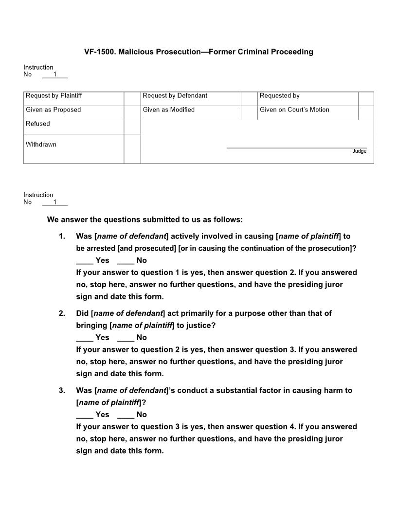 VF 1500. Malicious Prosecution Former Criminal Proceeding | Pdf Docx | Jury Instructions