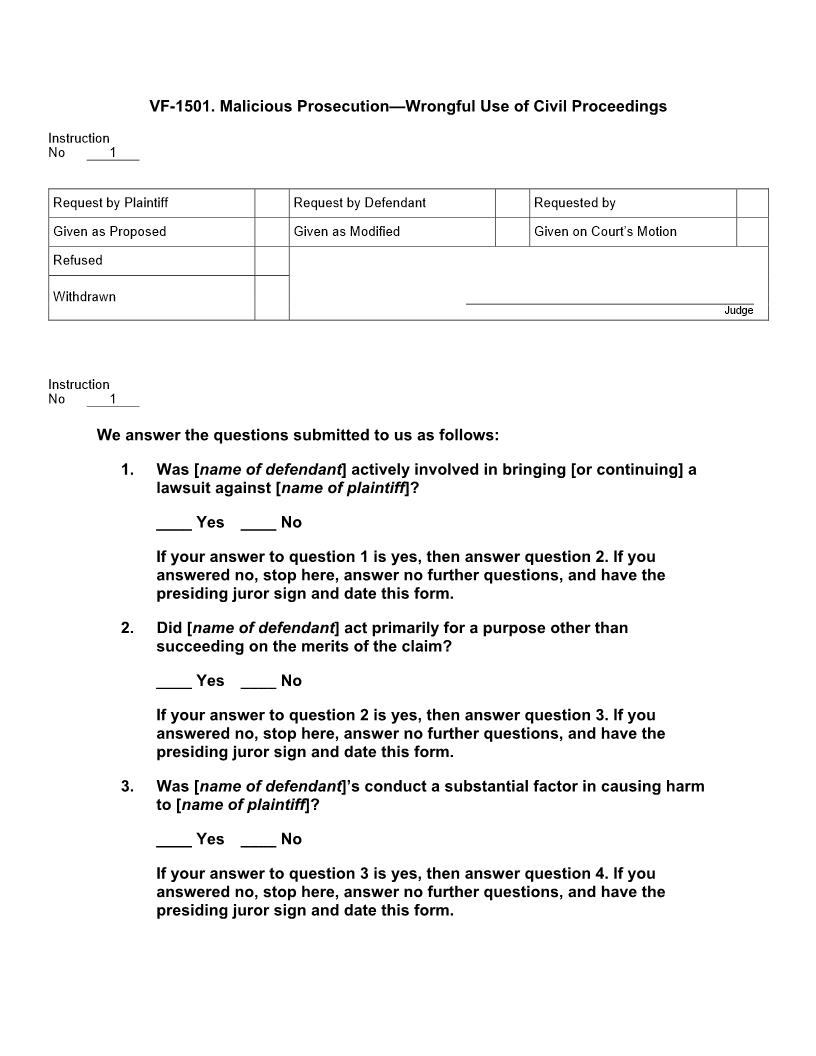 VF 1501. Malicious Prosecution Wrongful Use Of Civil Proceedings | Pdf Docx | Jury Instructions
