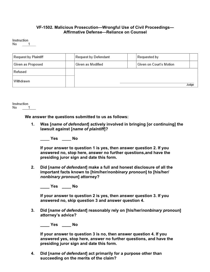 VF 1502. Malicious Prosecution Wrongful Use Of Civil Proceedings Affirmative Defense Reliance On Counsel | Pdf Docx | Jury Instructions