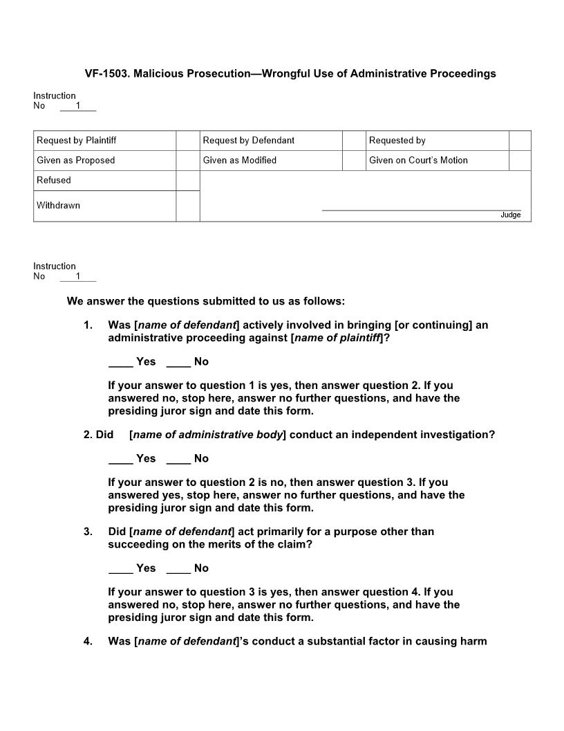 VF 1503. Malicious Prosecution Wrongful Use Of Administrative Proceedings | Pdf Docx | Jury Instructions