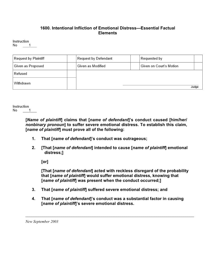 1600. Intentional Infliction of Emotional Distress Essential Factual Elements | Pdf Docx | Jury Instructions