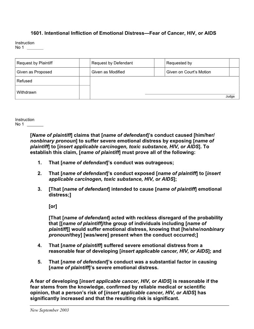 1601. Intentional Infliction of Emotional Distress Fear of Cancer HIV or AIDS | Pdf Docx | Jury Instructions