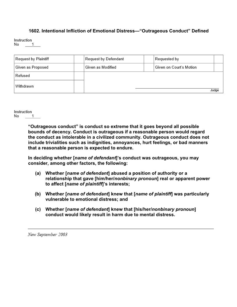 1602. Intentional Infliction of Emotional Distress Outrageous Conduct Defined | Pdf Docx | Jury Instructions