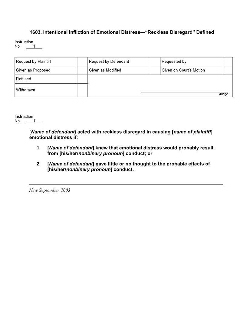 1603. Intentional Infliction of Emotional Distress Reckless Disregard Defined | Pdf Docx | Jury Instructions