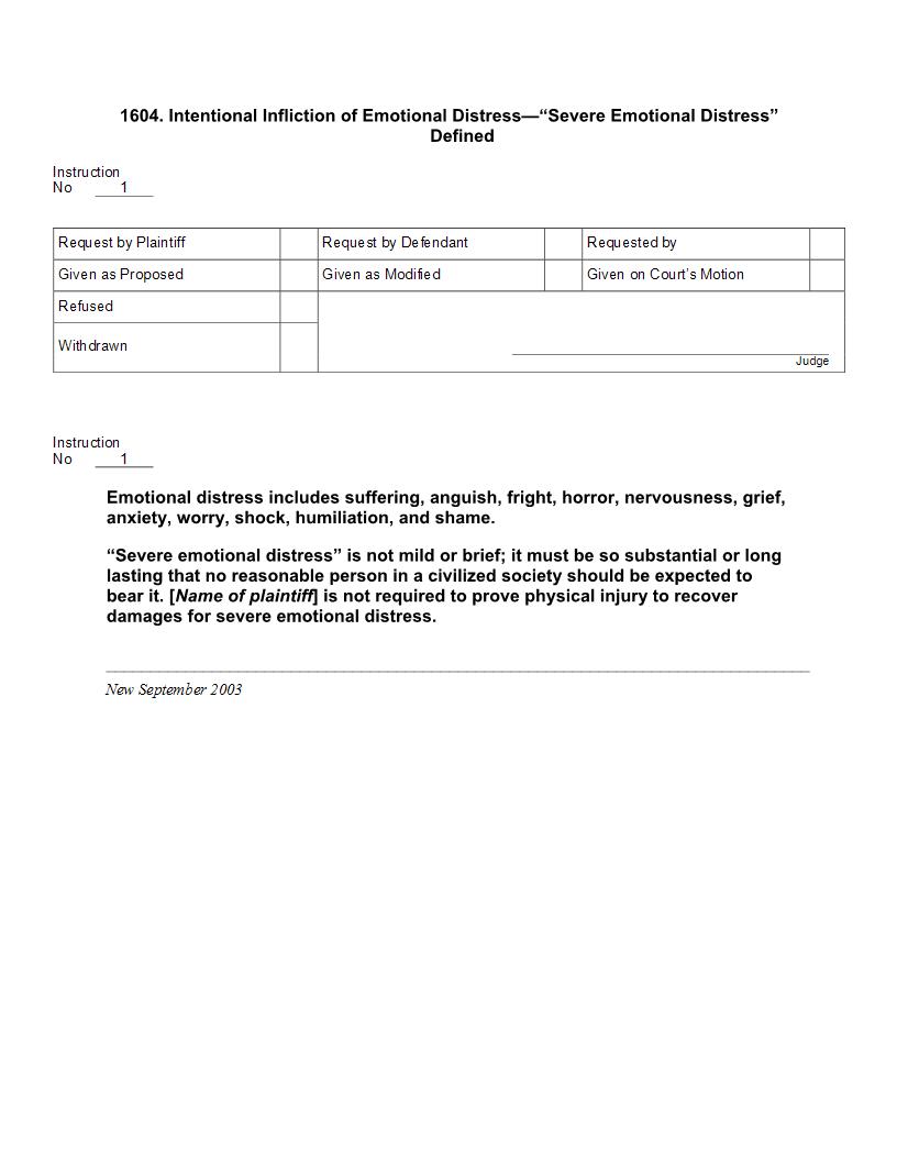 1604. Intentional Infliction of Emotional Distress Severe Emotional Distress Defined | Pdf Docx | Jury Instructions
