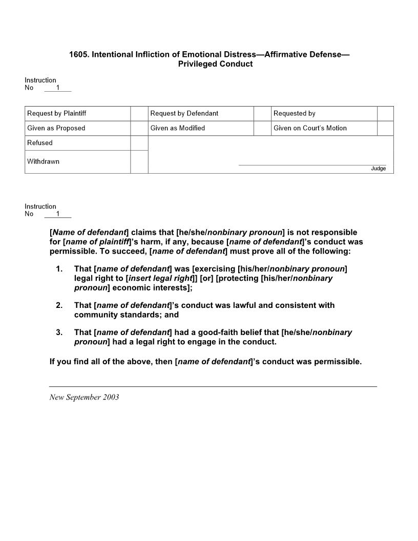 1605. Intentional Infliction of Emotional Distress Affirmative Defense Privileged Conduct | Pdf Docx | Jury Instructions