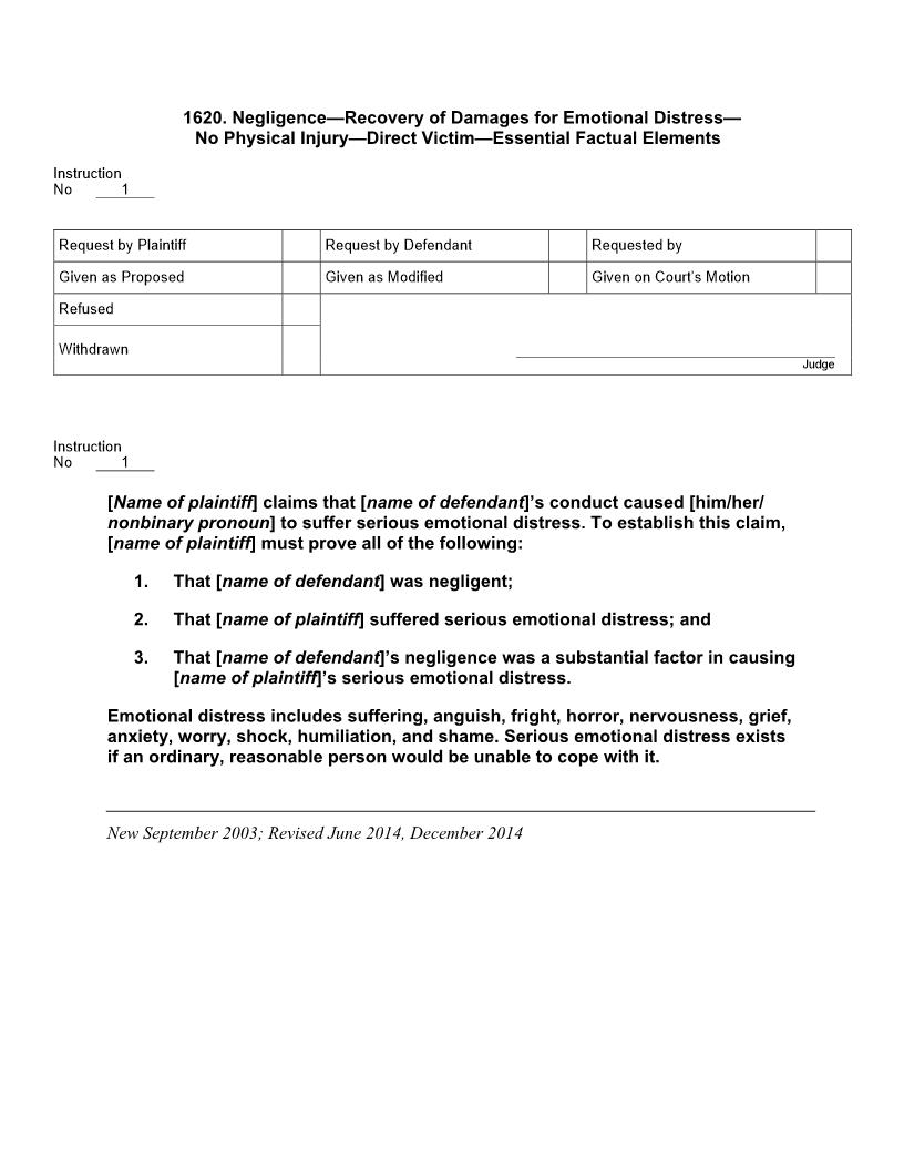 1620. Negligence Recovery of Damages for Emotional Distress No Phys. Injury Dir. Victim Ess. Factual Els | Pdf Docx | Jury Instructions