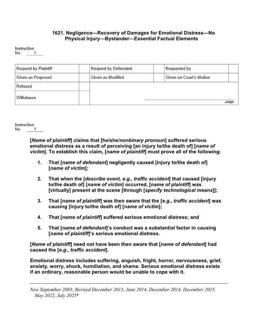 1621. Negligence Recovery of Damages for Emotional Distress No Phys. Injury Bystander Ess. Factual Els | Pdf Docx | Jury Instructions