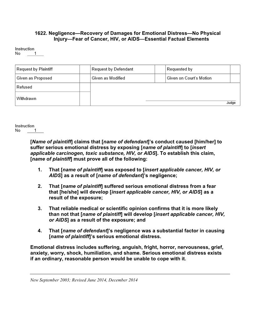 1622. Negligence Rec of Damages Em Distress No Phys. Injury Fear of Cancer HIV AIDS Ess. Factual Els | Pdf Docx | Jury Instructions