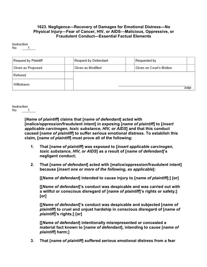 1623. Negligence Rec of Dmgs Emo Distr Fear of Cancer HIV AIDS Malicious Oprsv Fraudlnt Cond Ess Factl Els | Pdf Docx | Jury Instructions