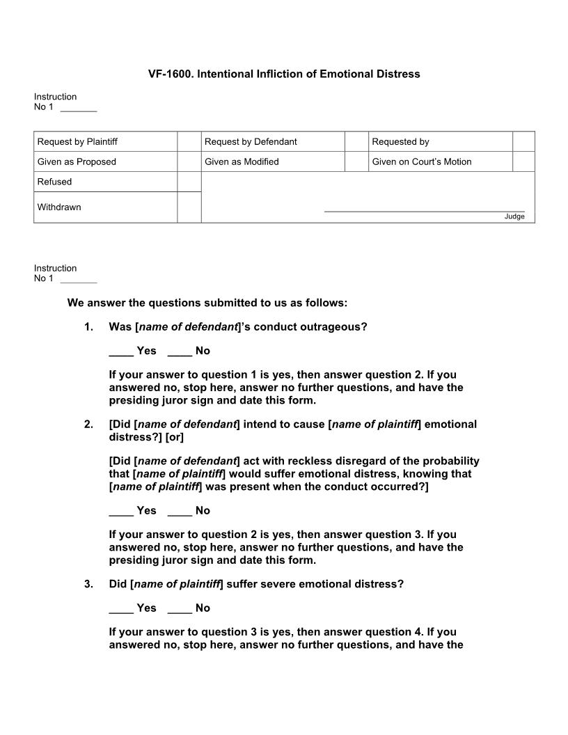 VF 1600. Intentional Infliction Of Emotional Distress | Pdf Docx | Jury Instructions