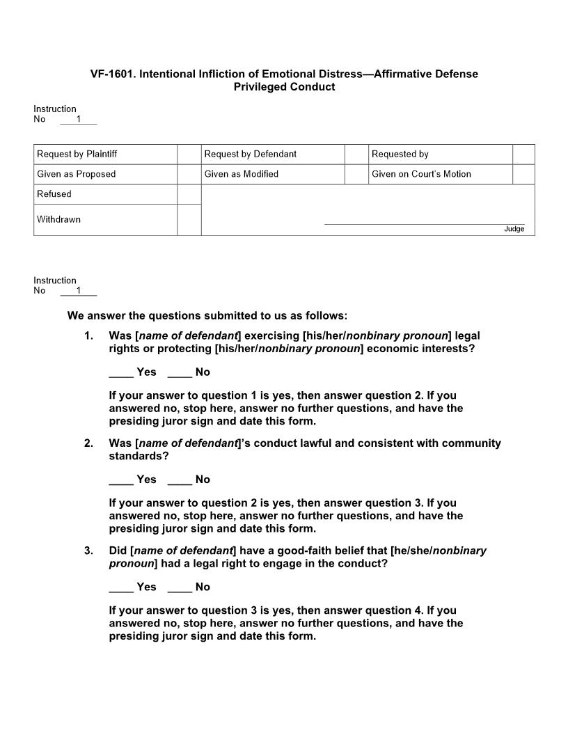 VF 1601. Intentional Infliction Of Emotional Distress Affirmative Defense Privileged Conduct | Pdf Docx | Jury Instructions