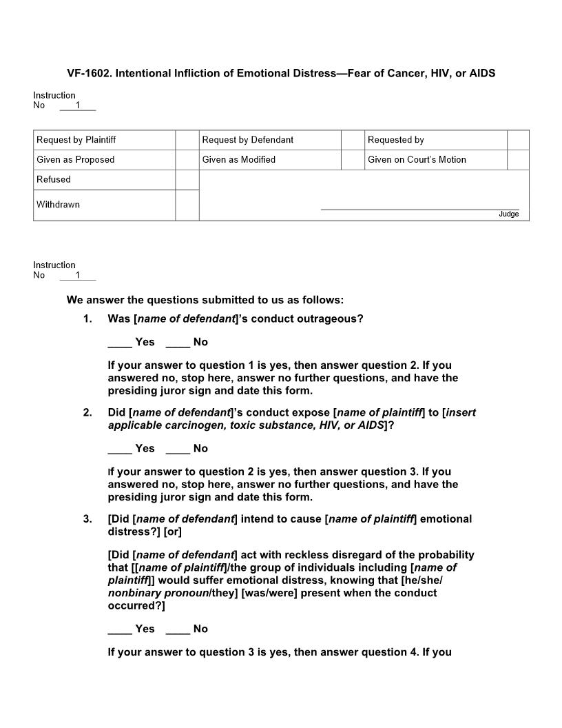 VF 1602. Intentional Infliction Of Emotional Distress Fear Of Cancer HIV Or AIDS | Pdf Docx | Jury Instructions