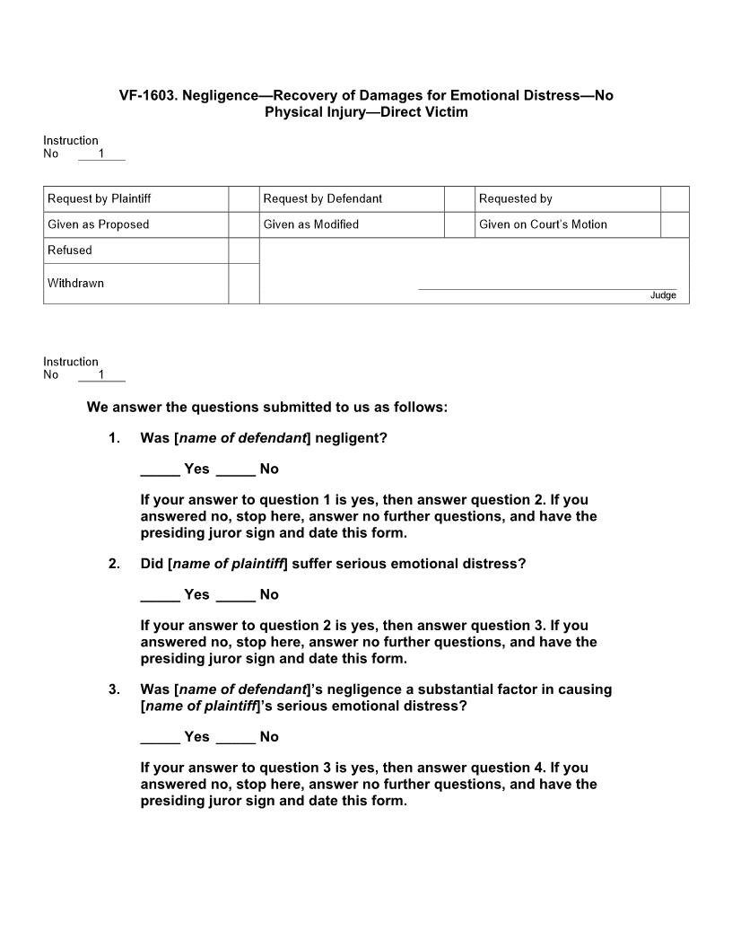 VF 1603. Negligence Recovery Of Damages For Emotional Distress No Physical Injury Direct Victim | Pdf Docx | Jury Instructions