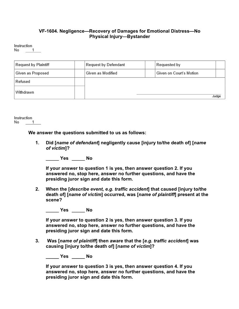 VF 1604. Negligence Recovery Of Damages For Emotional Distress No Physical Injury Bystander | Pdf Docx | Jury Instructions