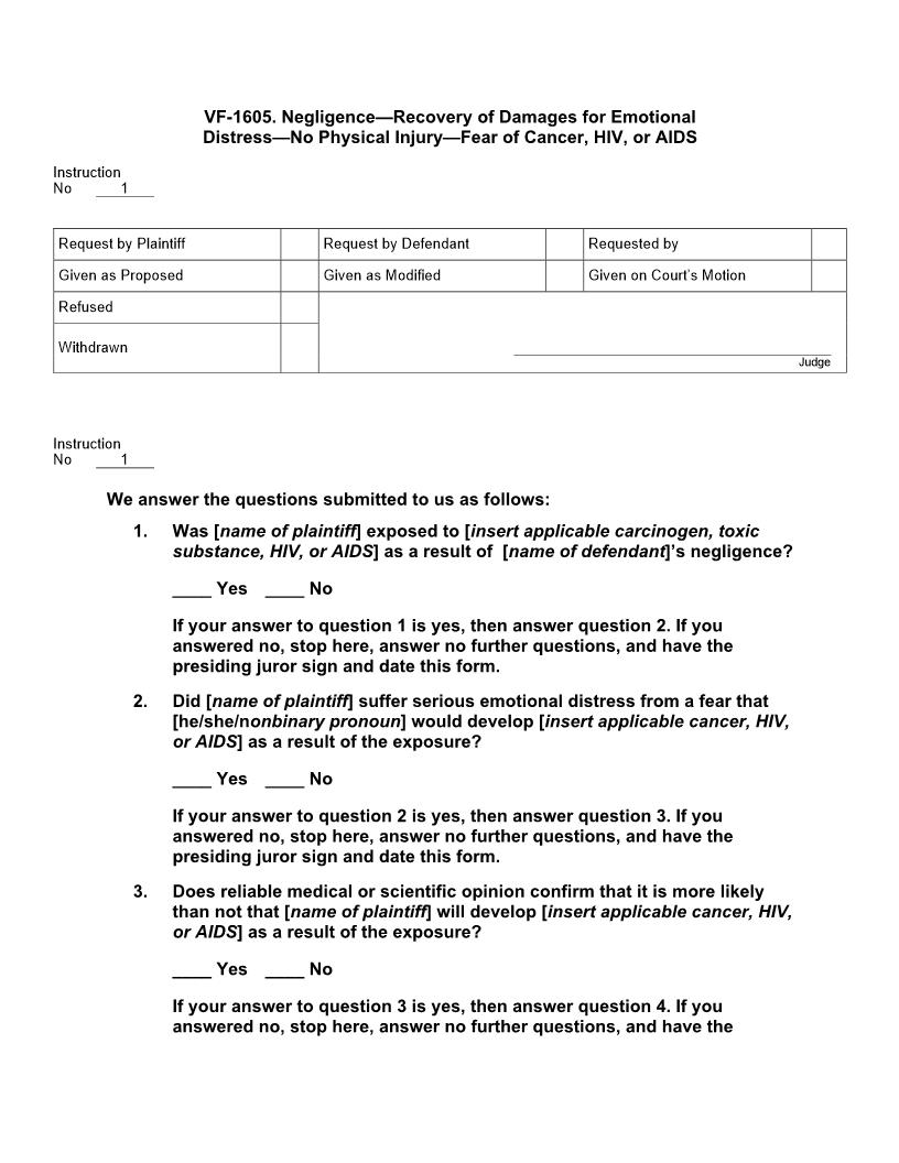 VF 1605. Negligence Recovery Of Damages For Emotional Distress No Physical Injury Fear Of Cancer HIV Or AIDS | Pdf Docx | Jury Instructions