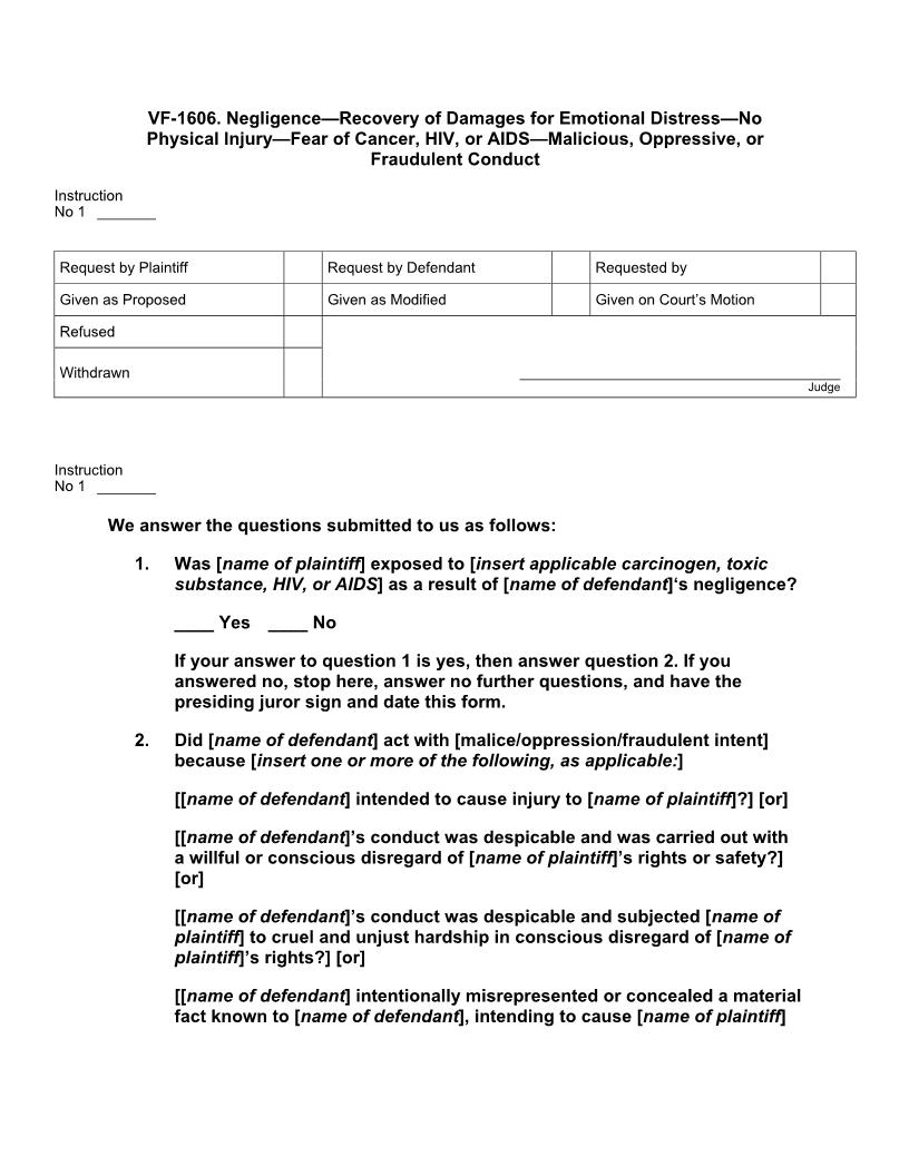 VF 1606. Negligence Recovery Of Damages For Emotional Distress No Physical Injury Fear Of Cancer HIV AIDS Malicious Oppressive Fraudulent Conduct | Pdf Docx | Jury Instructions