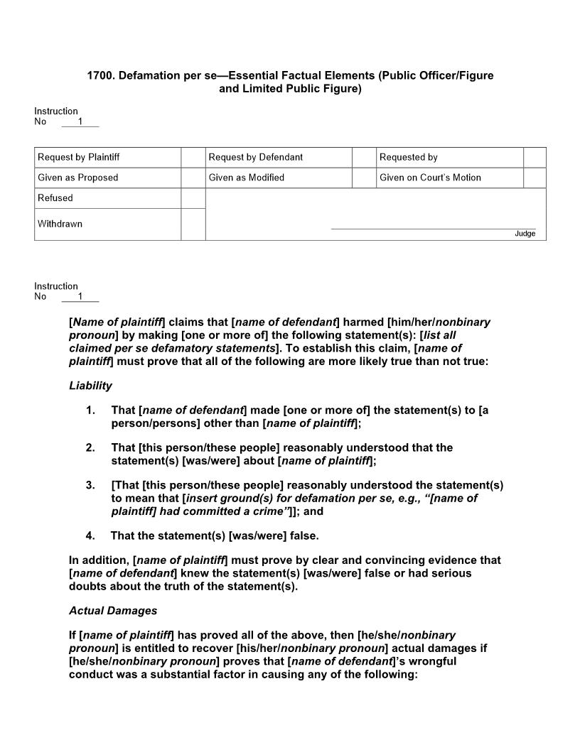 1700. Defamation Per Se Essential Factual Elements (Public Officer Or Figure And Limited Public Figure) | Pdf Docx | Jury Instructions