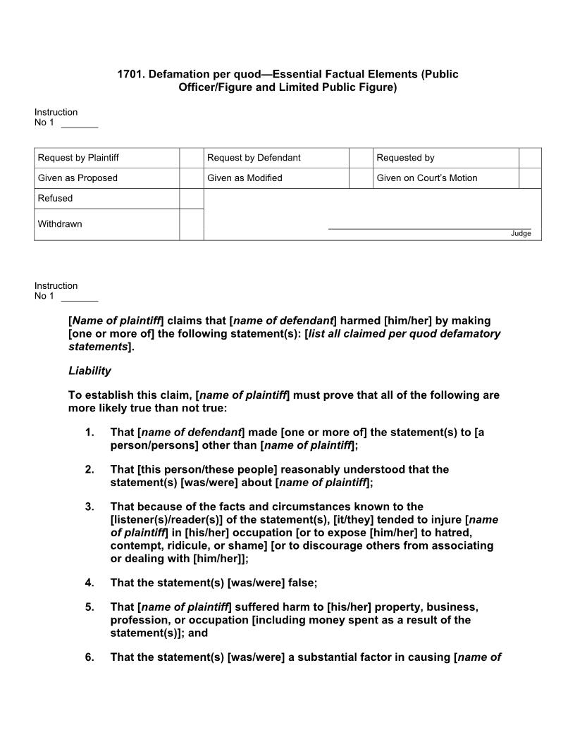 1701. Defamation per quod Essential Factual Elements (Public Officer or Figure and Limited Public Figure) | Pdf Docx | Jury Instructions
