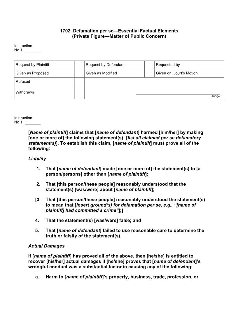 1702. Defamation per se Essential Factual Elements (Private Figure Matter of Public Concern) | Pdf Docx | Jury Instructions