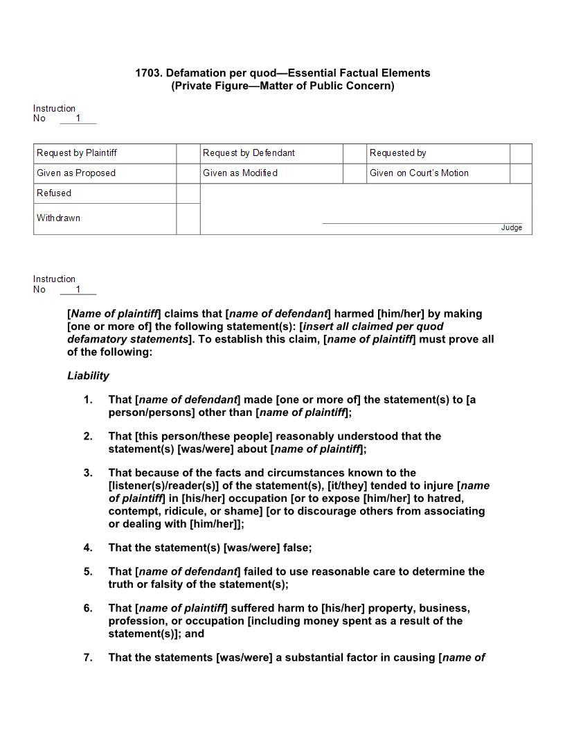 1703. Defamation per quod Essential Factual Elements (Private Figure Matter of Public Concern) | Pdf Docx | Jury Instructions