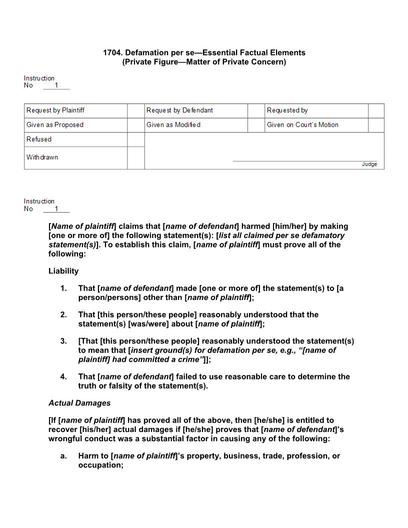 1704. Defamation per se Essential Factual Elements (Private Figure Matter of Private Concern) | Pdf Docx | Jury Instructions