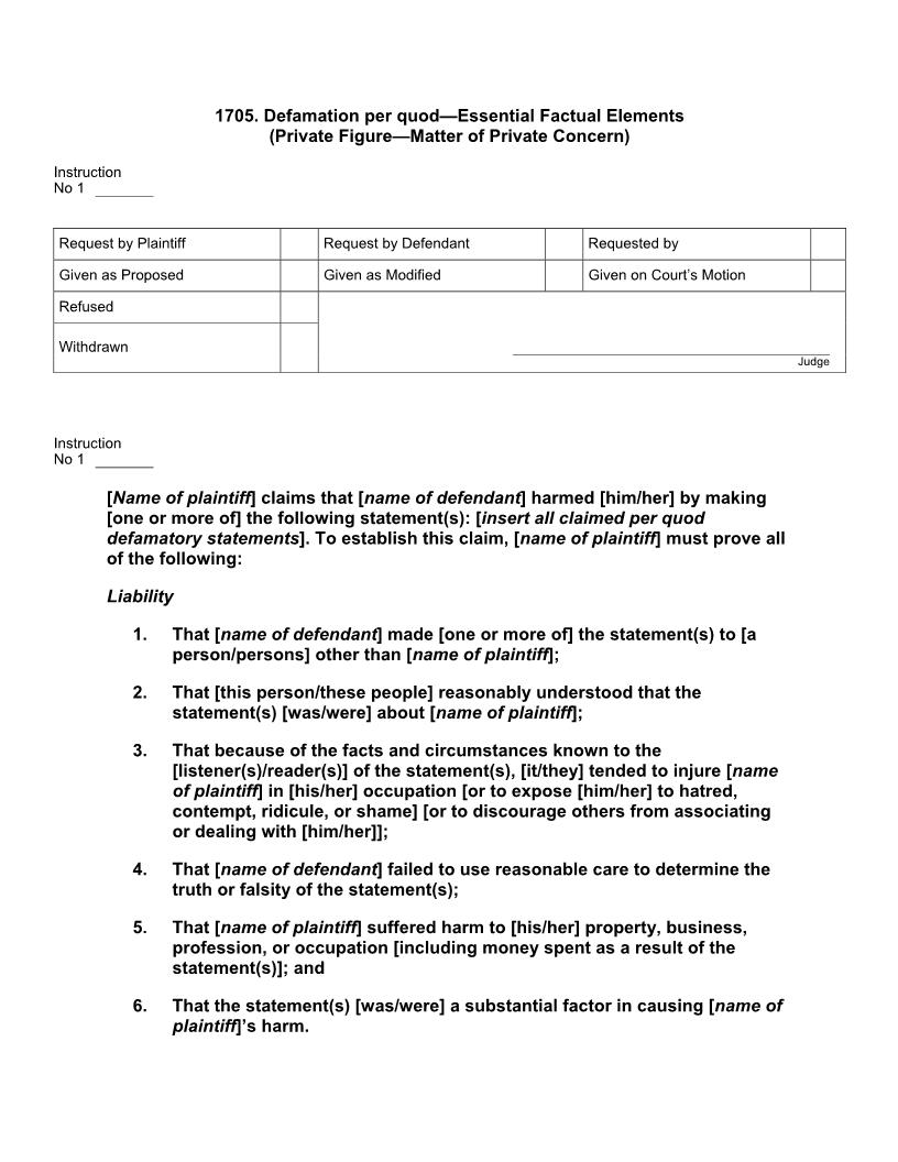 1705. Defamation per quod Essential Factual Elements (Private Figure Matter of Private Concern) | Pdf Docx | Jury Instructions