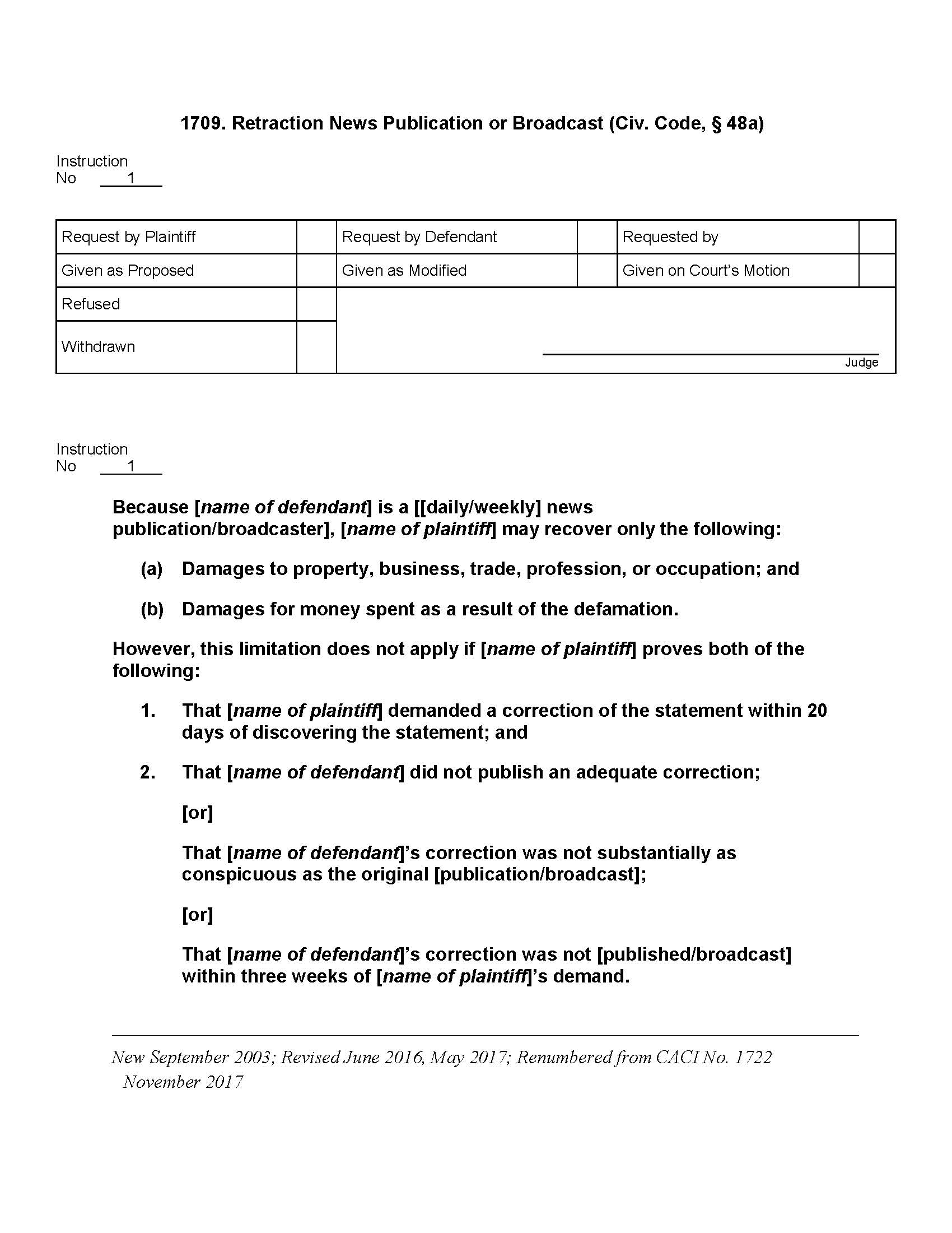 1709. Retraction News Publication Or Broadcast (Civ. Code, § 48a) | Pdf Docx | Jury Instructions