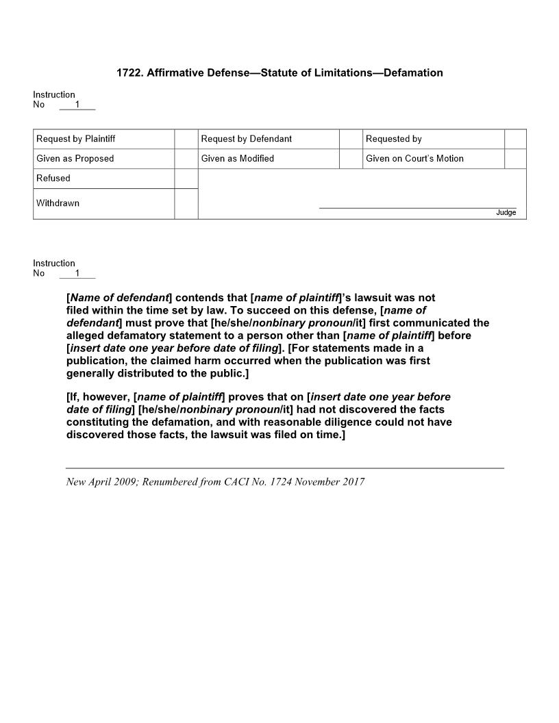 1722. Affirmative Defense Statute of Limitations Defamation | Pdf Docx | Jury Instructions