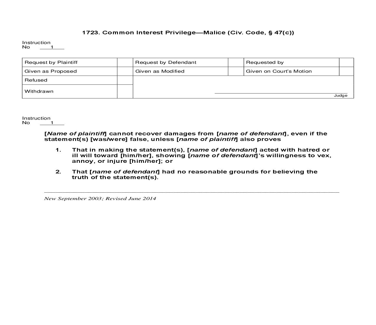 1723. Common Interest Privilege Malice (Civ. Code, § 47(c)) | Pdf Docx | Jury Instructions