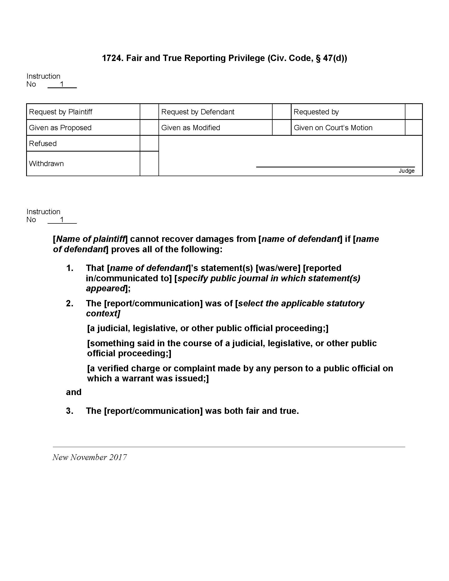1724. Fair And True Reporting Privilege (Civ. Code, § 47(d)) | Pdf Docx | Jury Instructions