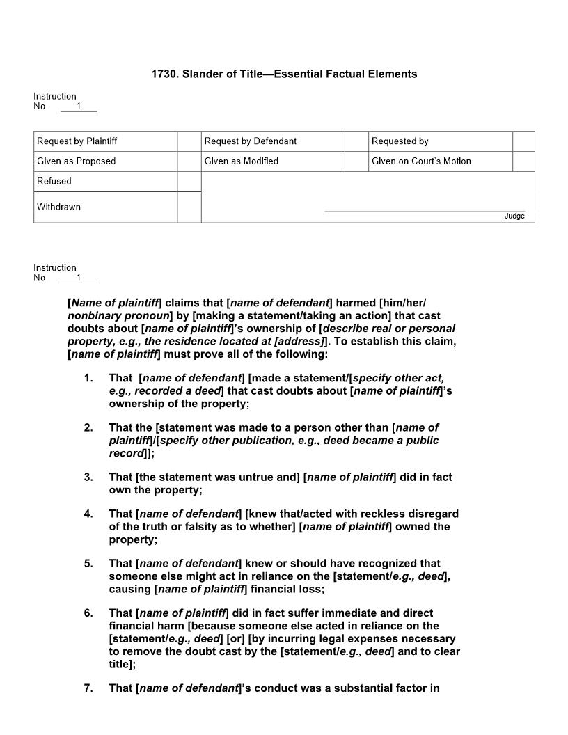 1730. Slander of Title Essential Factual Elements | Pdf Docx | Jury Instructions