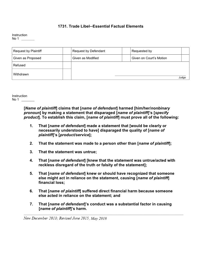 1731. Trade Libel Essential Factual Elements | Pdf Docx | Jury Instructions