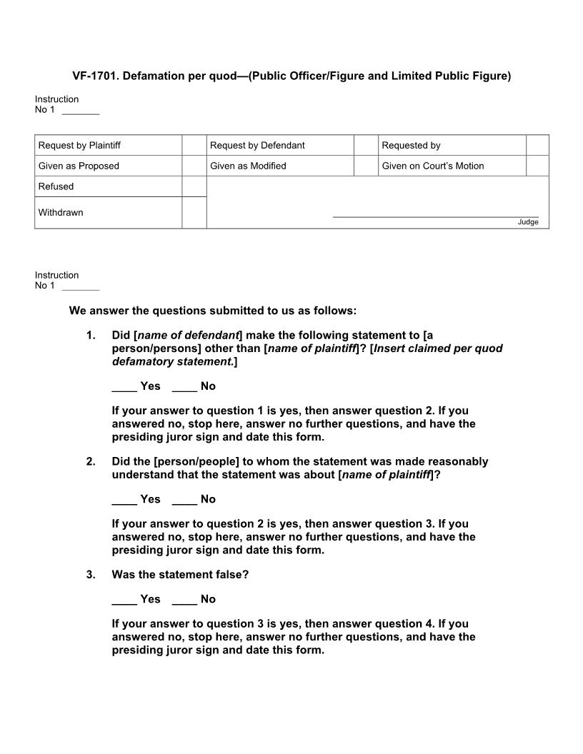 VF 1701. Defamation per quod (Public Officer or Figure and Limited Public Figure) | Pdf Docx | Jury Instructions