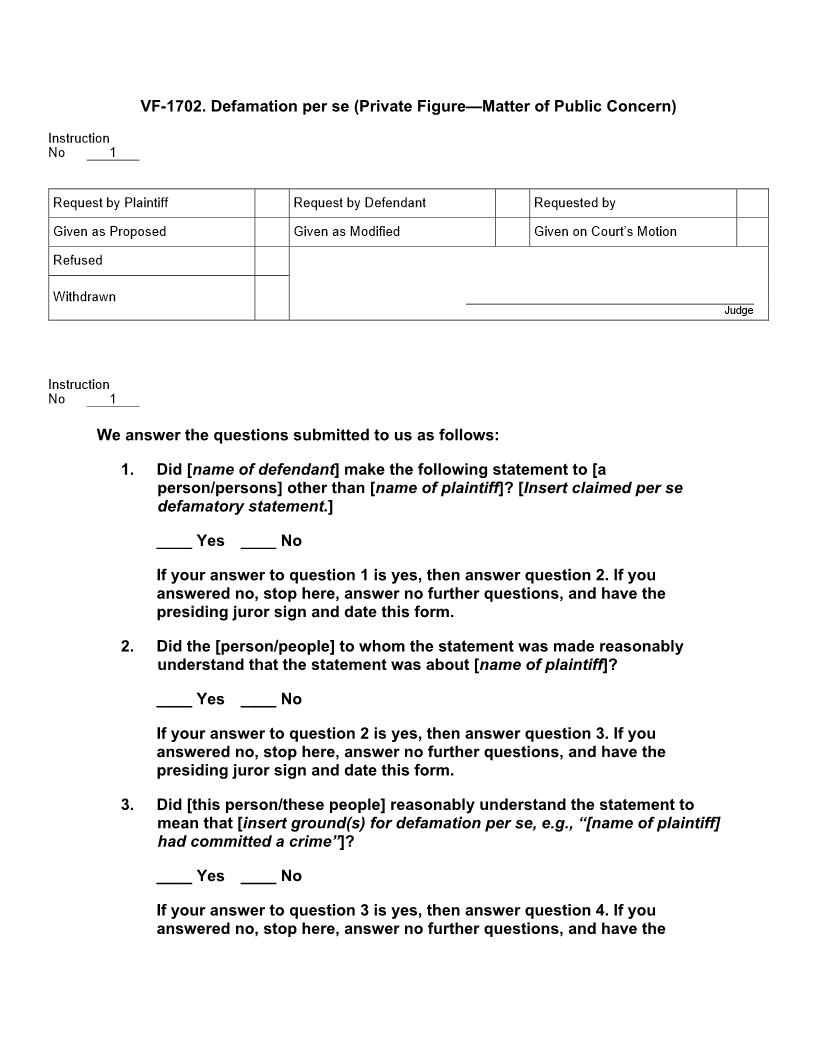 VF 1702. Defamation per se (Private Figure Matter of Public Concern) | Pdf Docx | Jury Instructions