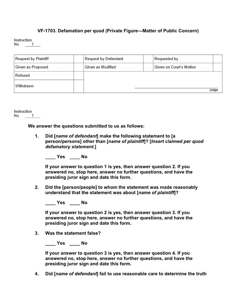 VF 1703. Defamation per quod (Private Figure Matter of Public Concern) | Pdf Docx | Jury Instructions