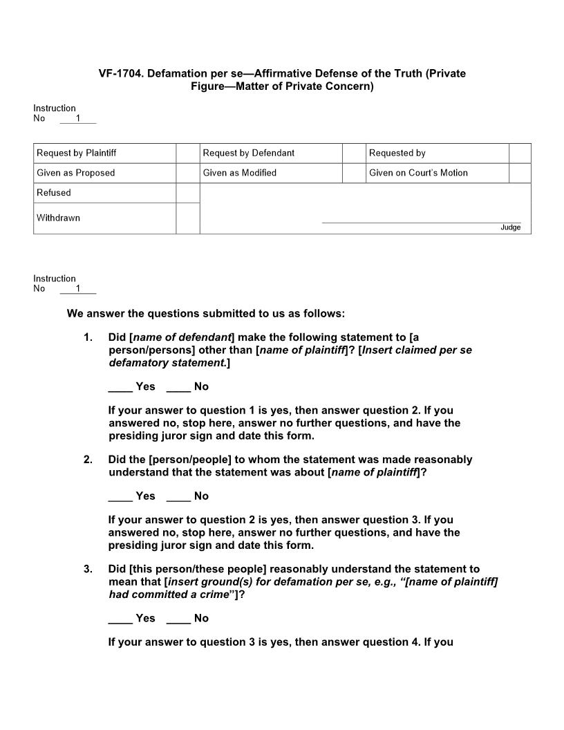 VF 1704. Defamation per se Affirmative Defense Truth (Private Figure Matter of Private Concern) | Pdf Docx | Jury Instructions