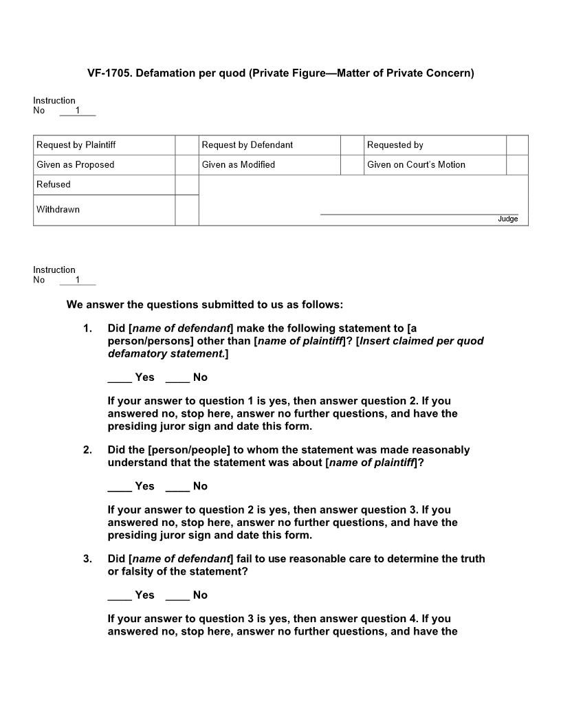 VF 1705. Defamation per quod (Private Figure Matter of Private Concern) | Pdf Docx | Jury Instructions