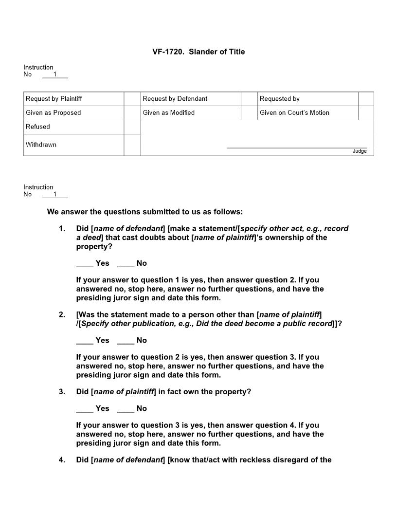VF 1720. Slander of Title | Pdf Docx | Jury Instructions