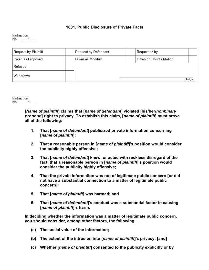 1801. Public Disclosure of Private Facts | Pdf Docx | Jury Instructions